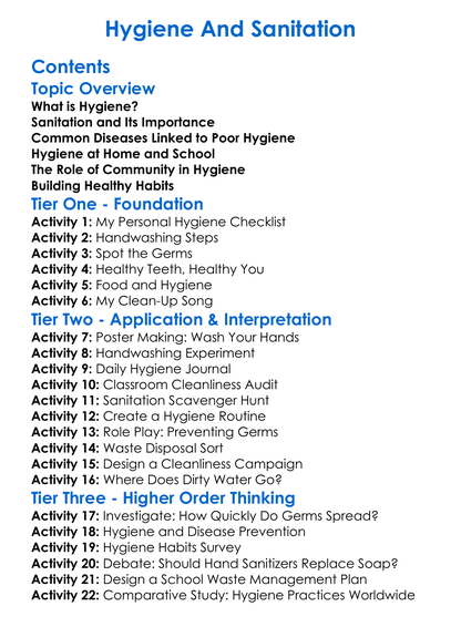 Hygiene And Sanitation Worksheet Activity Booklet