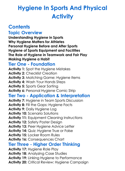 Hygiene In Sports And Physical Activity Worksheet Activity Booklet