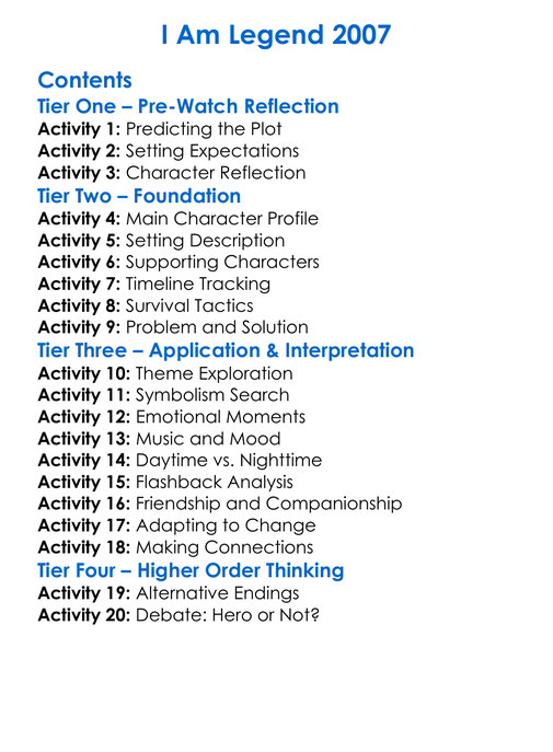 I Am Legend 2007 Worksheet Activity Booklet