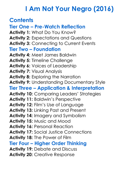 I Am Not Your Negro 2016 Worksheet Activity Booklet