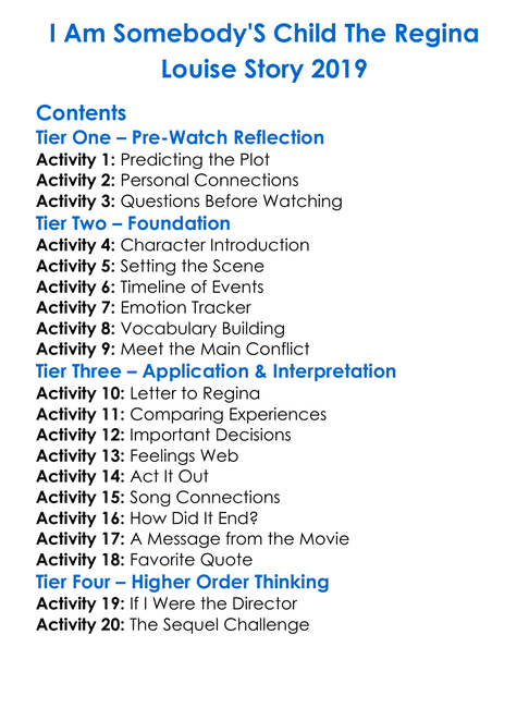 I Am Somebodys Child The Regina Louise Story 2019 Worksheet Activity Booklet