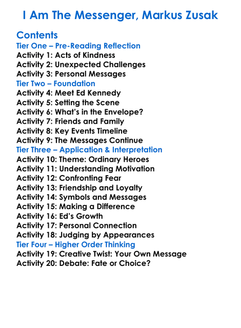 I Am The Messenger Markus Zusak Worksheet Activity Booklet