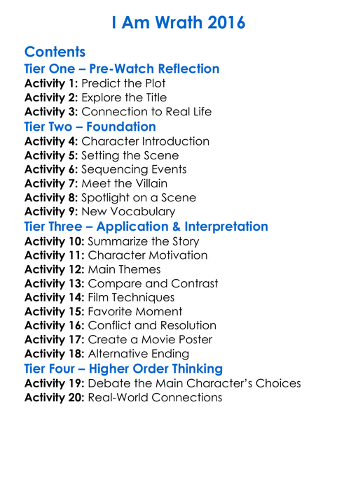 I Am Wrath 2016 Worksheet Activity Booklet