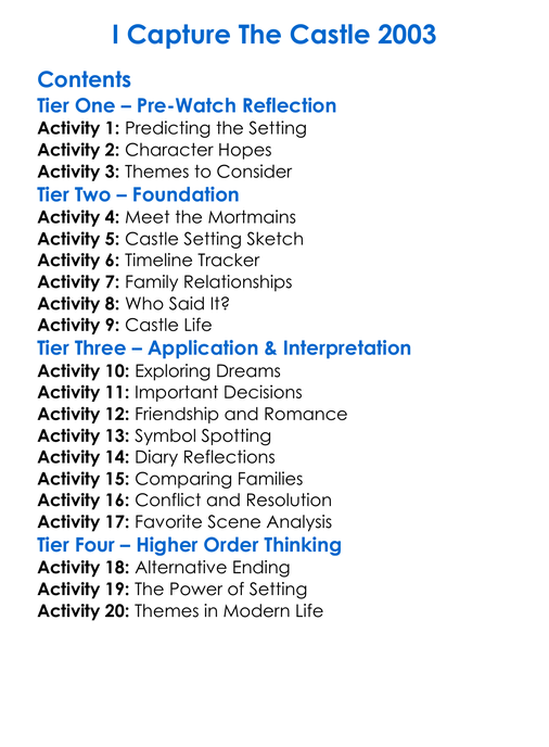 I Capture The Castle 2003 Worksheet Activity Booklet