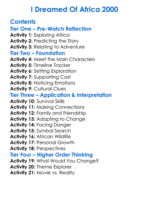 I Dreamed Of Africa 2000 Worksheet Activity Booklet