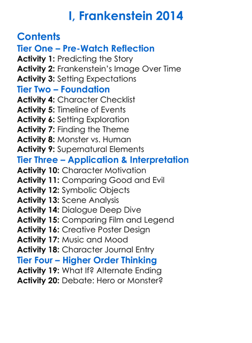 I Frankenstein 2014 Worksheet Activity Booklet