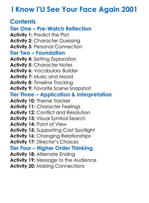 I Know Ill See Your Face Again 2001 Worksheet Activity Booklet