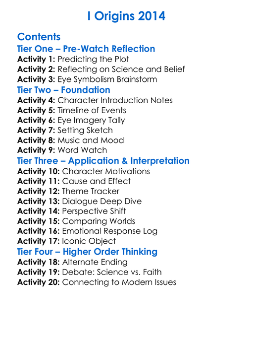 I Origins 2014 Worksheet Activity Booklet