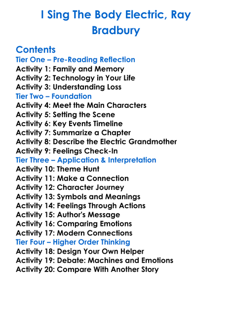 I Sing The Body Electric Ray Bradbury Worksheet Activity Booklet