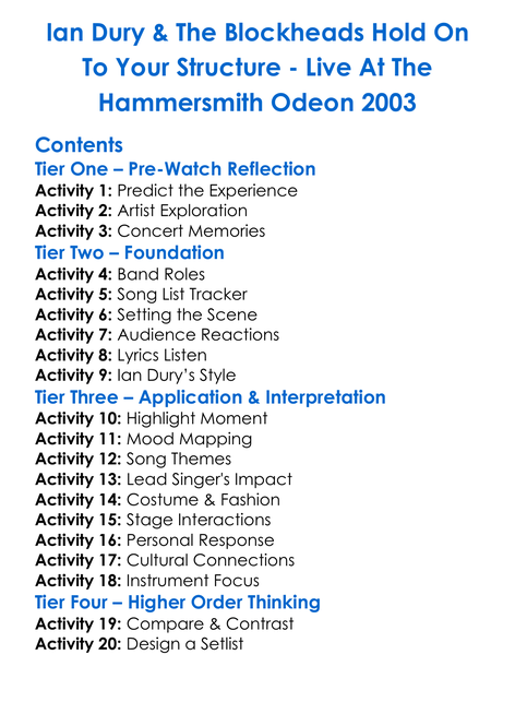 Ian Dury The Blockheads Hold On To Your Structure Worksheet Activity Booklet