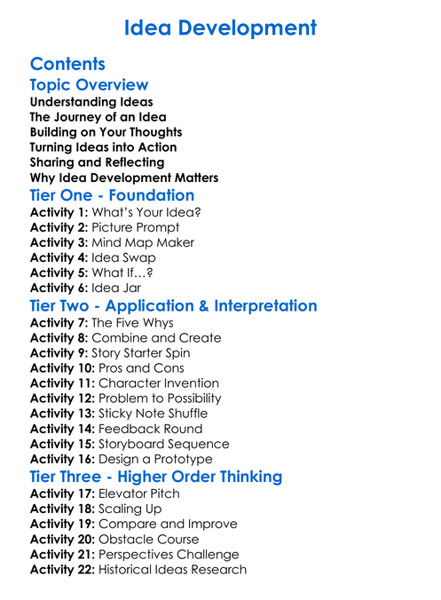 Idea Development Worksheet Activity Booklet