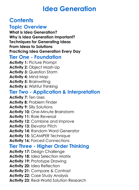 Idea Generation Worksheet Activity Booklet