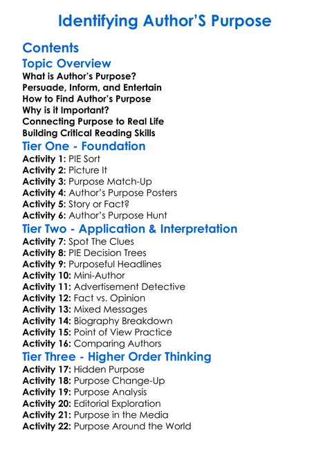 Identifying Authors Purpose Worksheet Activity Booklet