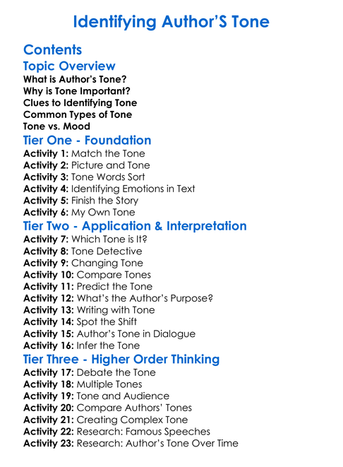 Identifying Authors Tone Worksheet Activity Booklet