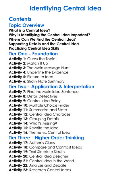 Identifying Central Idea Worksheet Activity Booklet