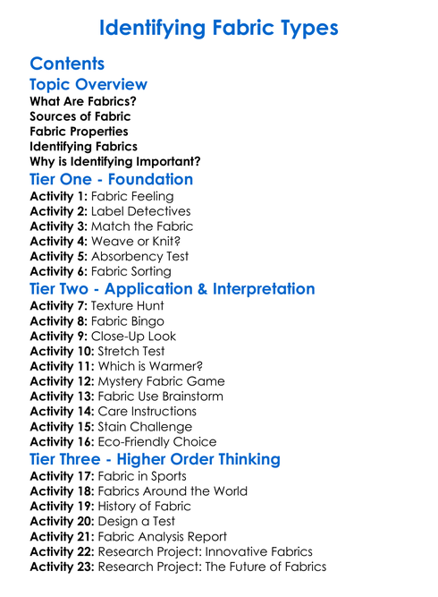 Identifying Fabric Types Worksheet Activity Booklet