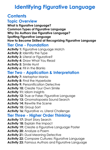 Identifying Figurative Language Worksheet Activity Booklet