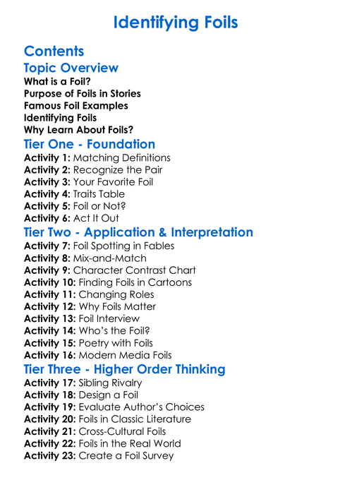 Identifying Foils Worksheet Activity Booklet