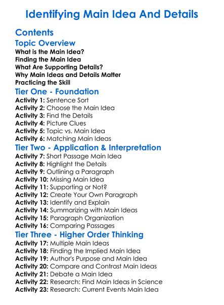 Identifying Main Idea And Details Worksheet Activity Booklet