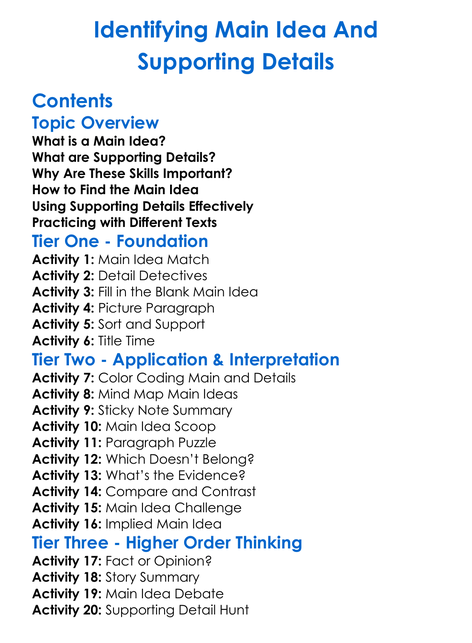 Identifying Main Idea And Supporting Details Worksheet Activity Booklet