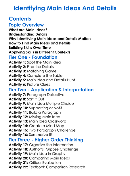 Identifying Main Ideas And Details Worksheet Activity Booklet
