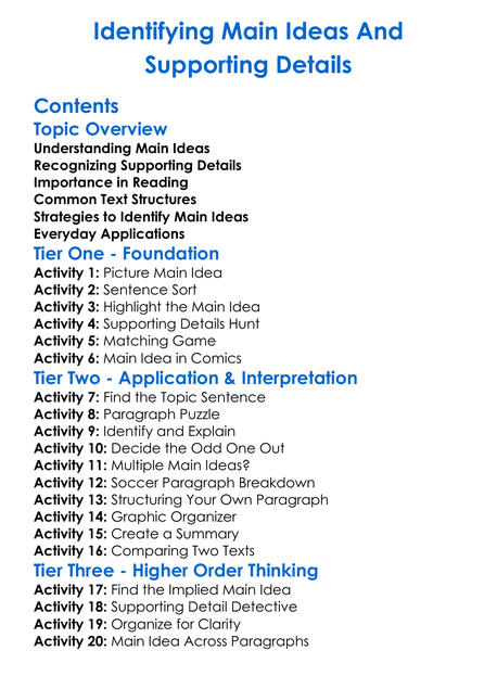 Identifying Main Ideas And Supporting Details Worksheet Activity Booklet