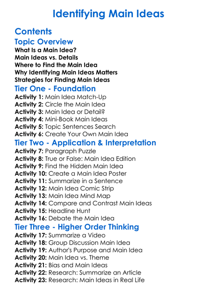 Identifying Main Ideas Worksheet Activity Booklet