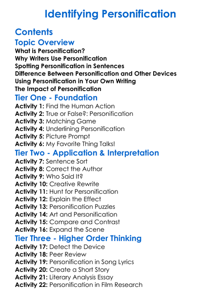 Identifying Personification Worksheet Activity Booklet