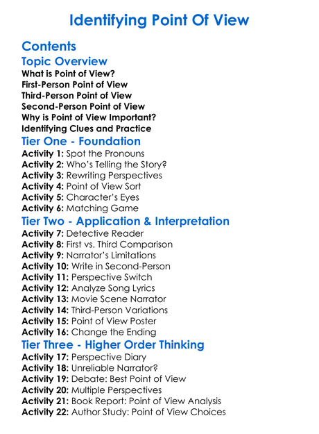 Identifying Point Of View Worksheet Activity Booklet