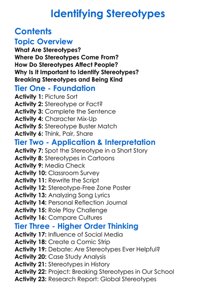 Identifying Stereotypes Worksheet Activity Booklet