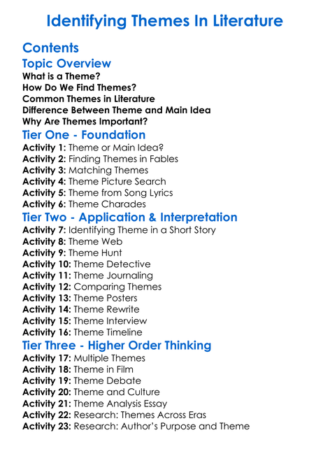 Identifying Themes In Literature Worksheet Activity Booklet