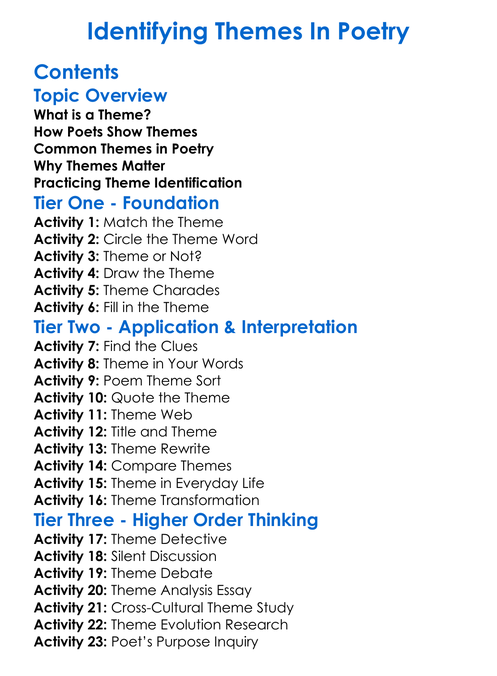 Identifying Themes In Poetry Worksheet Activity Booklet