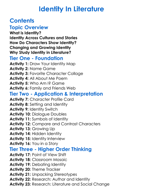 Identity In Literature Worksheet Activity Booklet