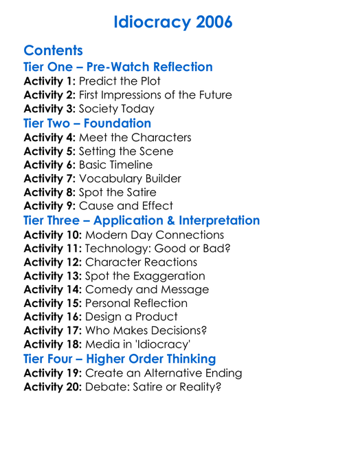 Idiocracy 2006 Worksheet Activity Booklet