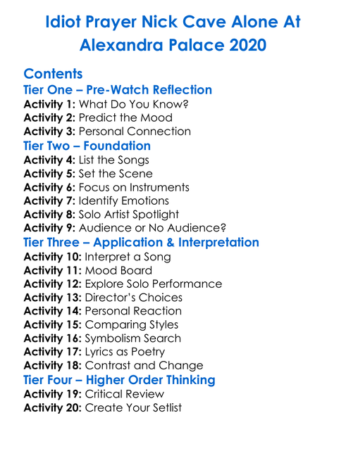 Idiot Prayer Nick Cave Alone At Alexandra Palace 2020 Worksheet Activity Booklet