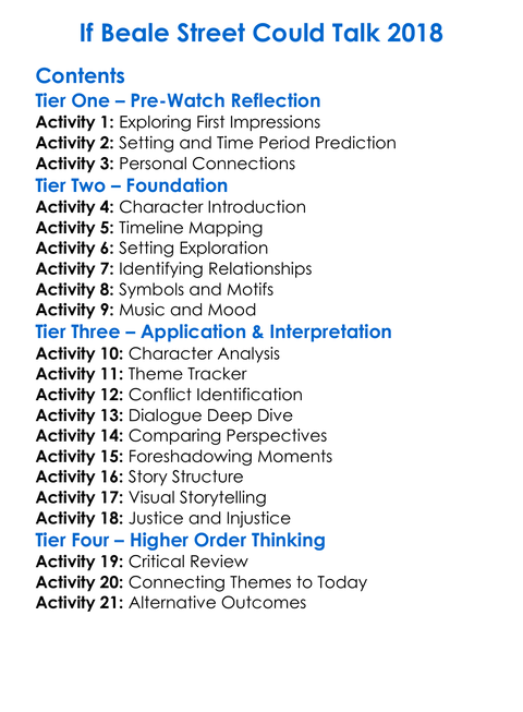If Beale Street Could Talk 2018 Worksheet Activity Booklet