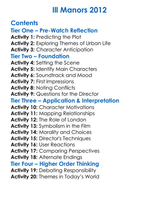 Ill Manors 2012 Worksheet Activity Booklet