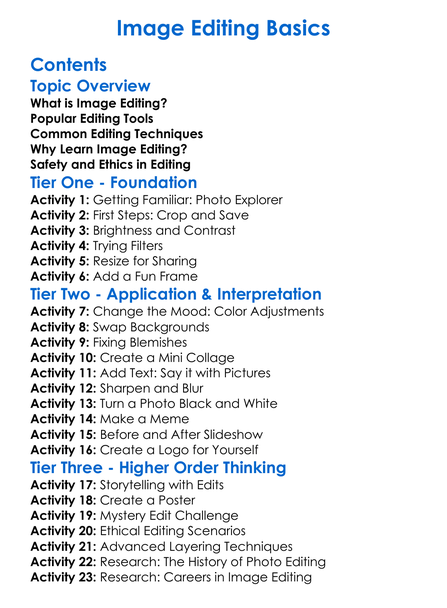 Image Editing Basics Worksheet Activity Booklet