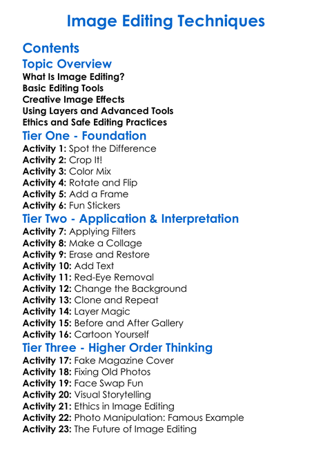 Image Editing Techniques Worksheet Activity Booklet