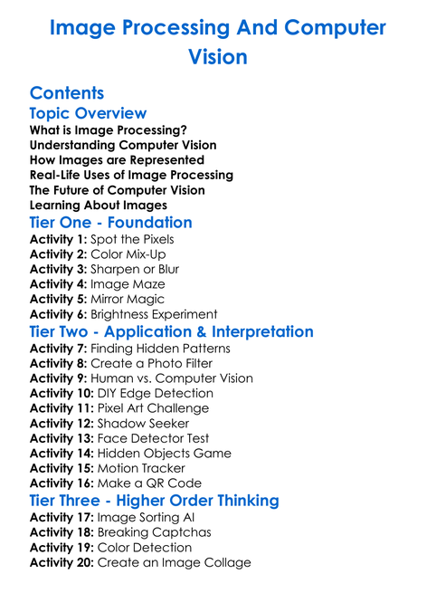 Image Processing And Computer Vision Worksheet Activity Booklet