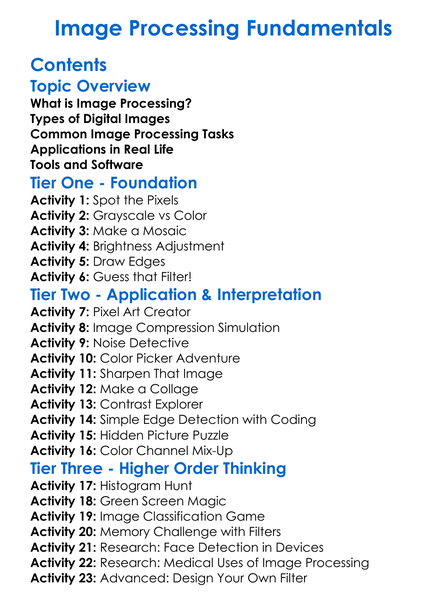 Image Processing Fundamentals Worksheet Activity Booklet