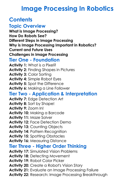 Image Processing In Robotics Worksheet Activity Booklet