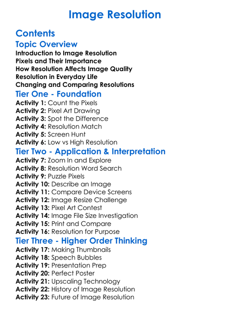 Image Resolution Worksheet Activity Booklet