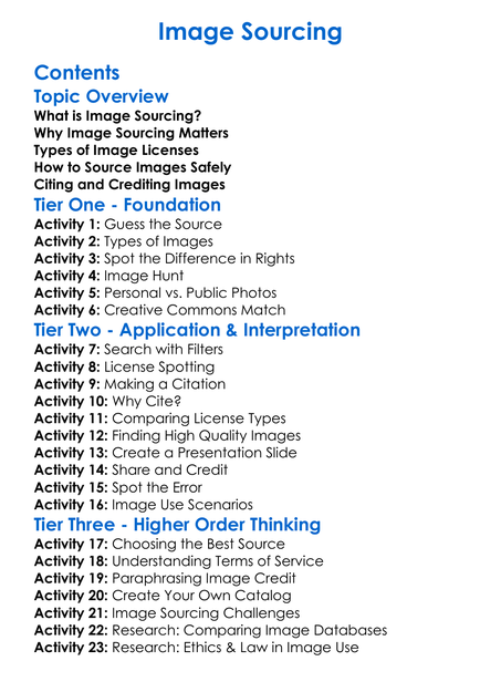 Image Sourcing Worksheet Activity Booklet