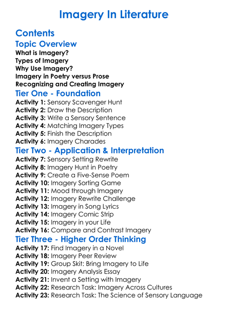 Imagery In Literature Worksheet Activity Booklet
