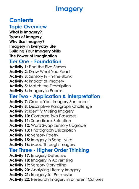 Imagery Worksheet Activity Booklet
