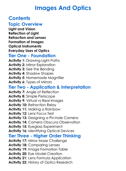 Images And Optics Worksheet Activity Booklet