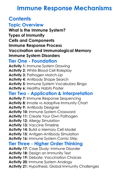 Immune Response Mechanisms Worksheet Activity Booklet