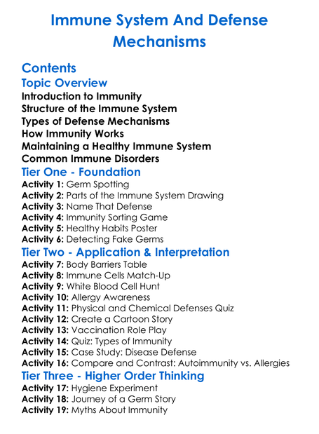 Immune System And Defense Mechanisms Worksheet Activity Booklet