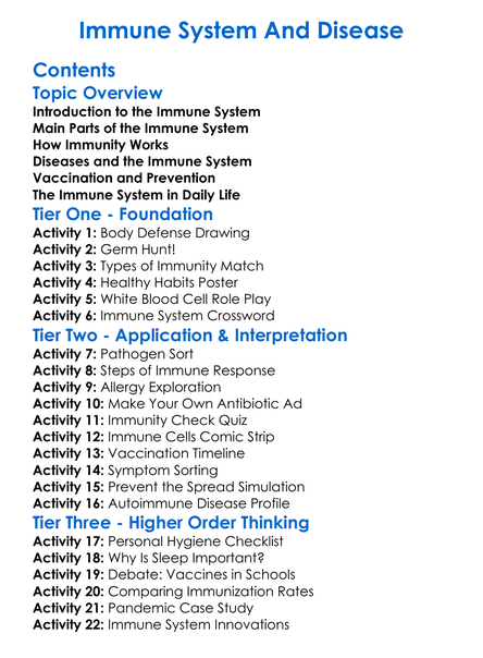 Immune System And Disease Worksheet Activity Booklet